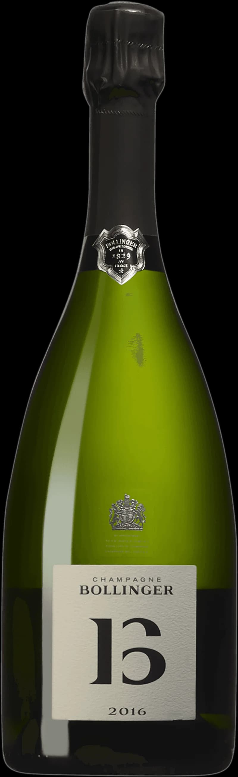Flaska av Bollinger B16 mousserande vin mot neutral bakgrund.