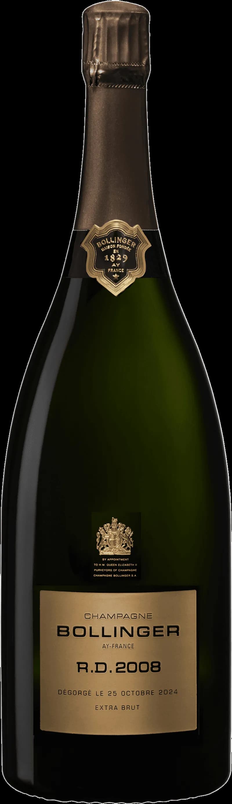 Flaska av Bollinger mousserande vin mot neutral bakgrund.