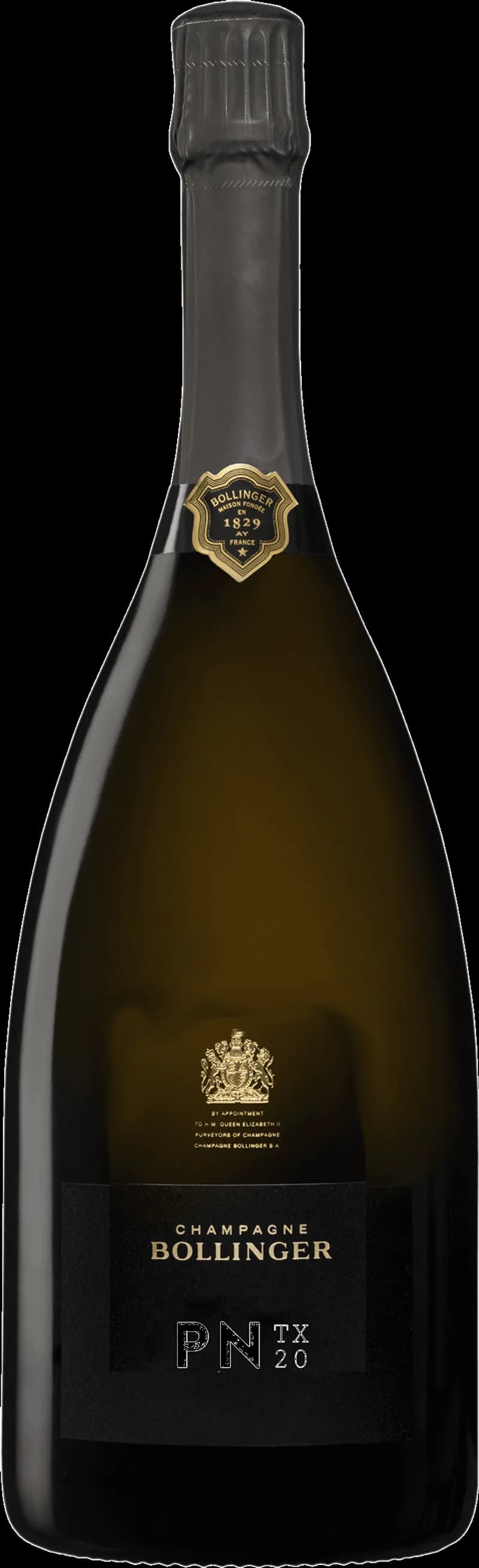 Flaska av Bollinger mousserande vin mot mörk bakgrund
