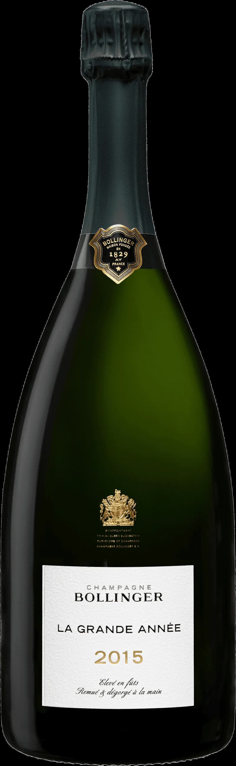 Flaska av Bollinger mousserande vin mot mörk bakgrund