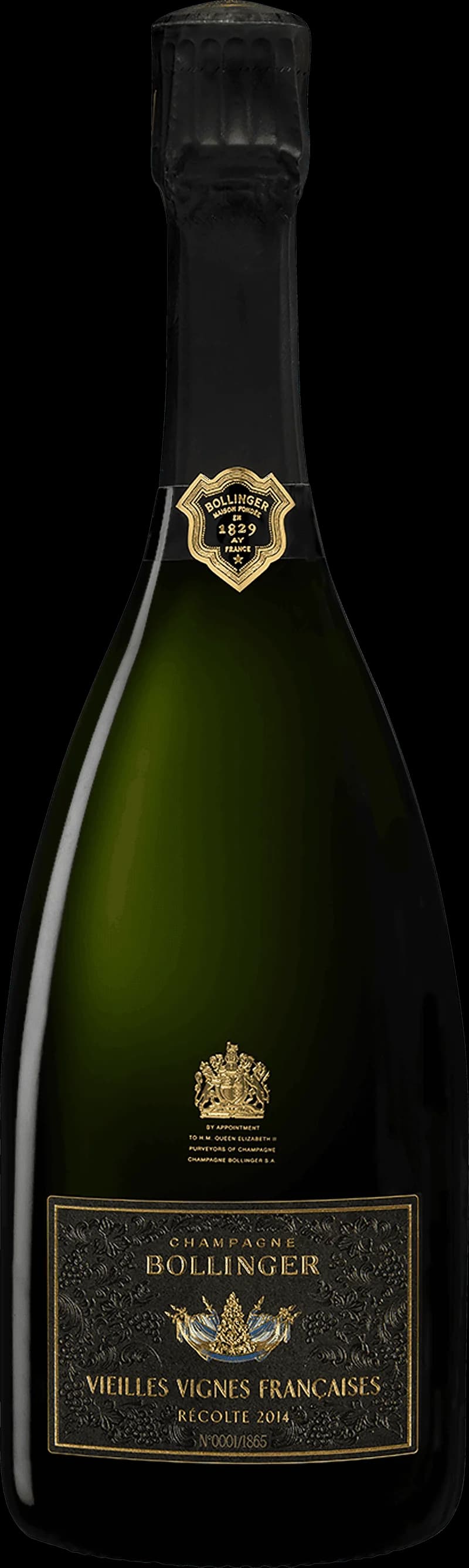 Flaska av Bollinger mousserande vin mot mörk bakgrund