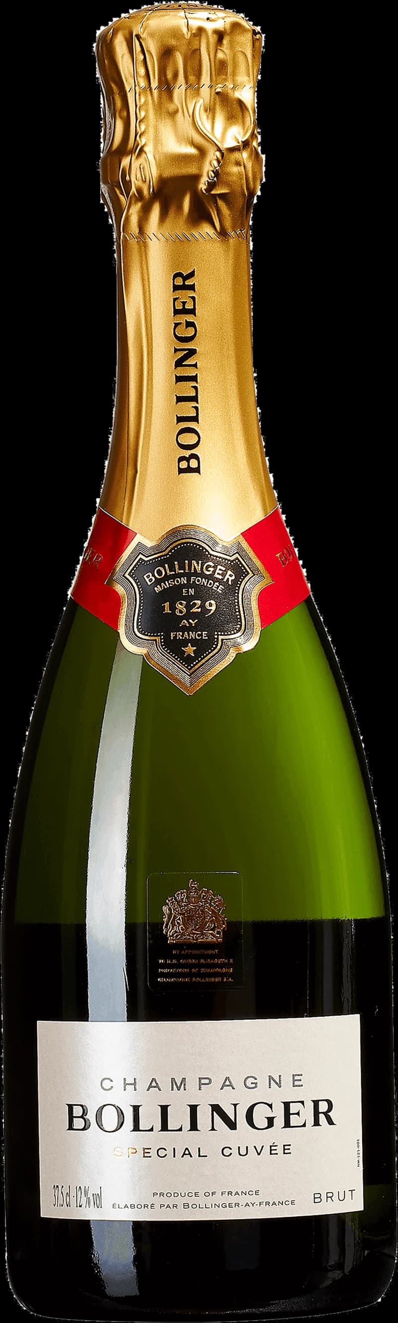 Flaska av Bollinger mousserande vin mot neutral bakgrund.
