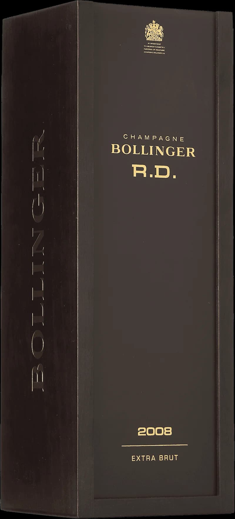 Flaska av Bollinger mousserande vin mot en mörk bakgrund.