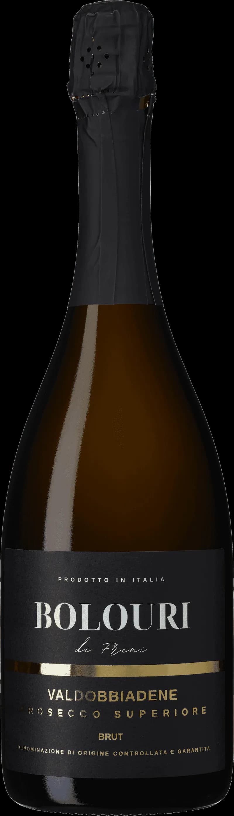 Flaska med Bolouri Di Freni mousserande vin mot ljus bakgrund.