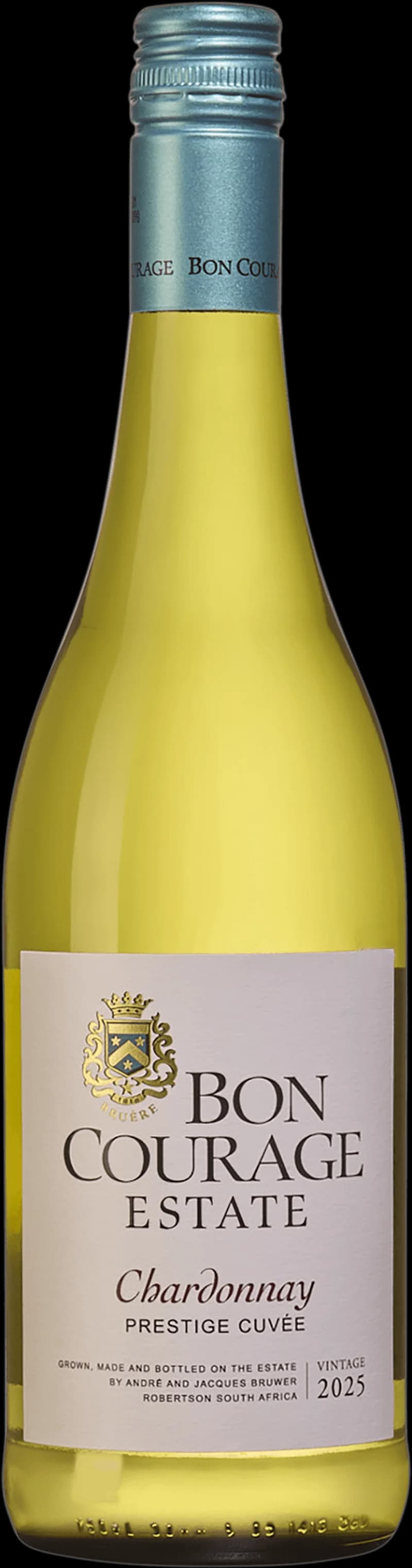 Flaska av Bon Courage vitt vin mot ljus bakgrund