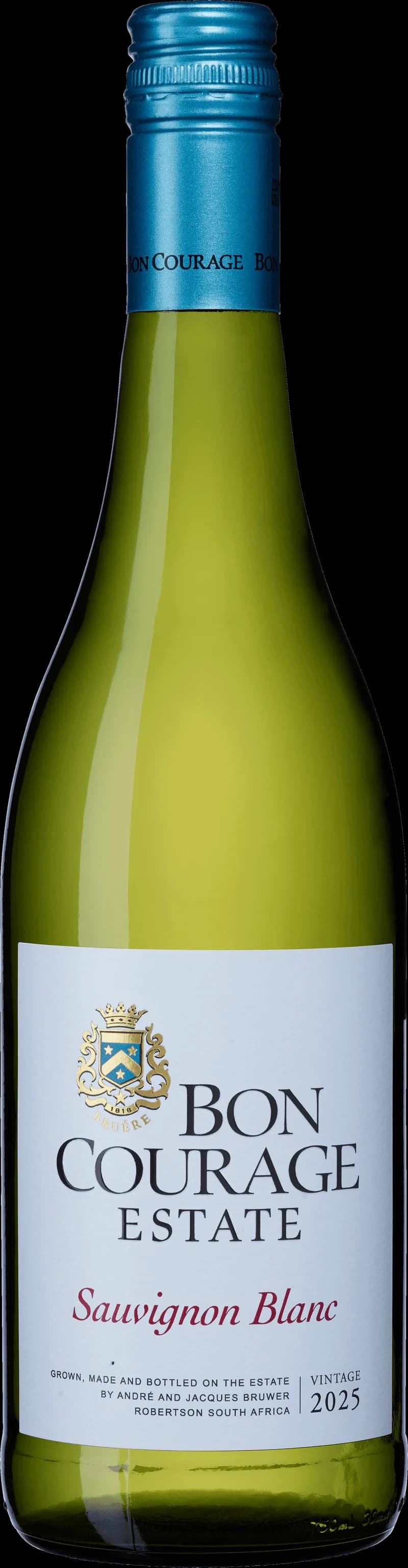 Flaska med Bon Courage vitt vin mot ljus bakgrund