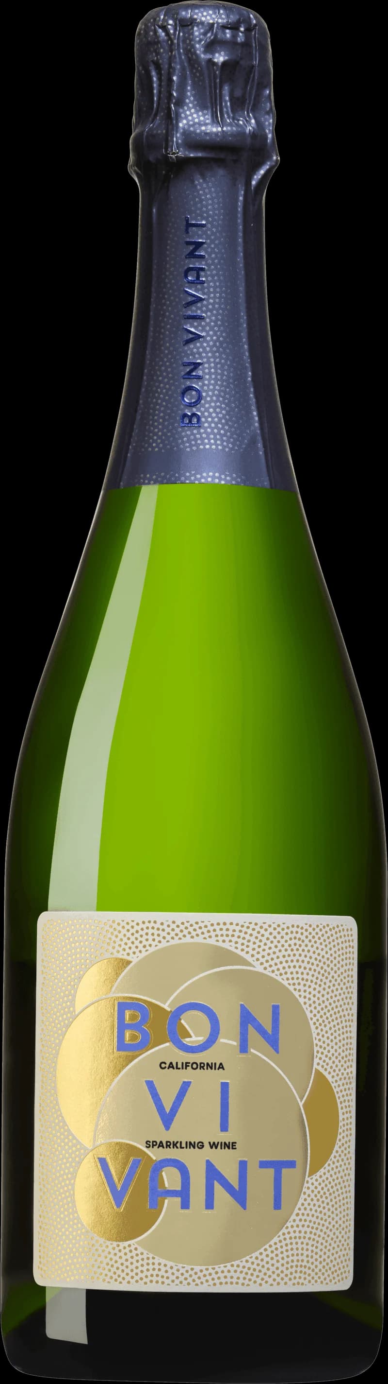 Flaska och glas med Bon Vivant mousserande vin, bubblande dryck.