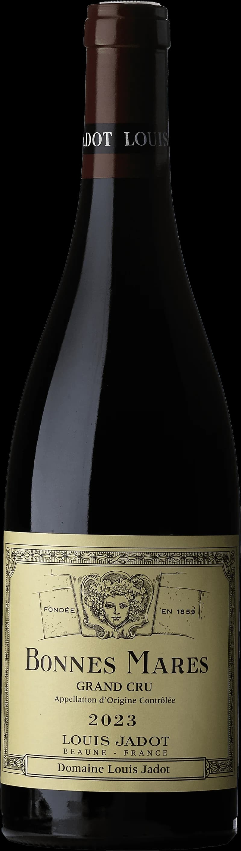 Flaska med Bonnes-Mares Grand Cru rött vin från Bourgogne