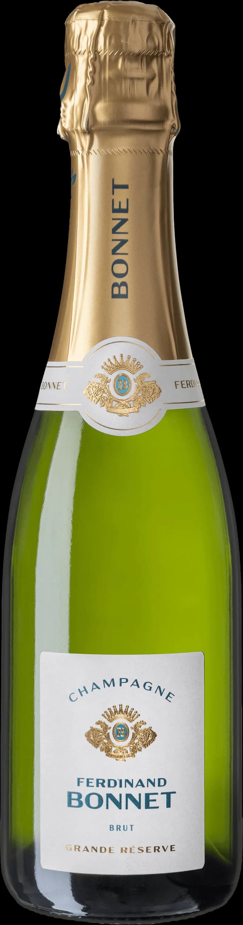Flaska av Bonnet mousserande vin på vit bakgrund.