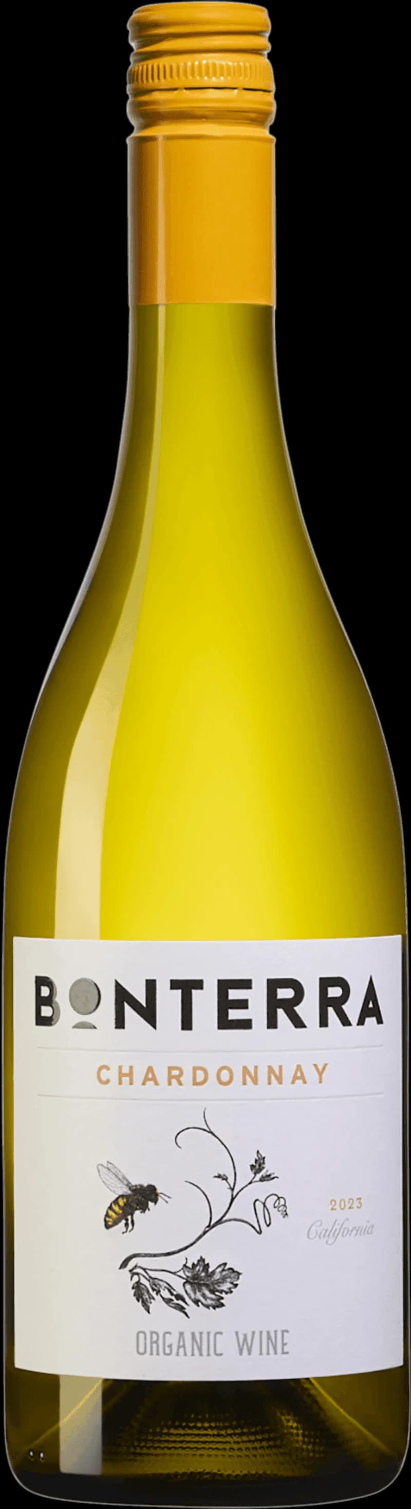 Bonterra vitt vin i en flaska med etikett mot en ljus bakgrund.