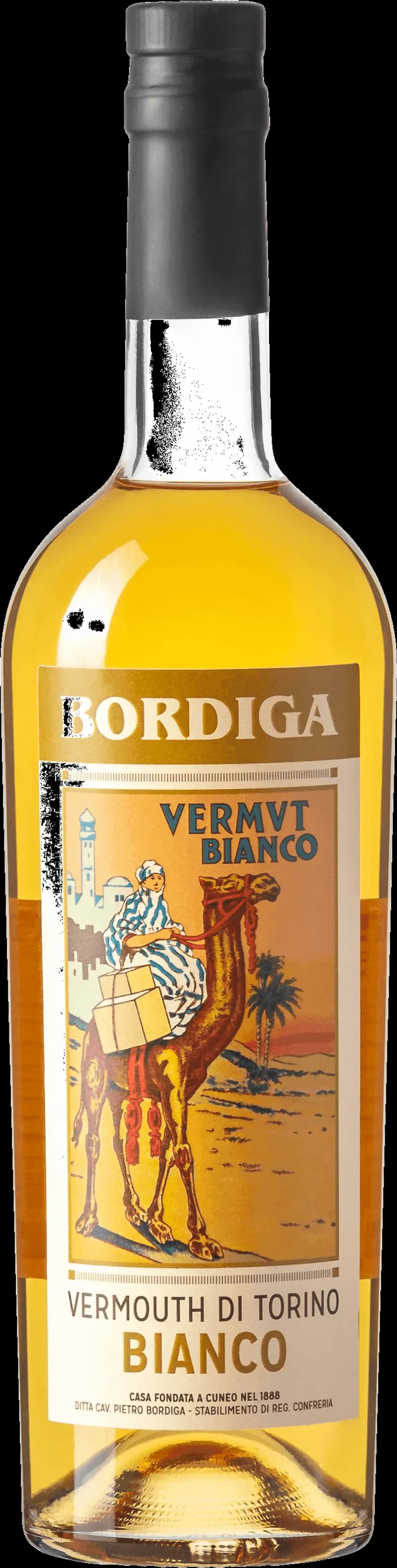 Flaska Bordiga Vermouth på ett bord.