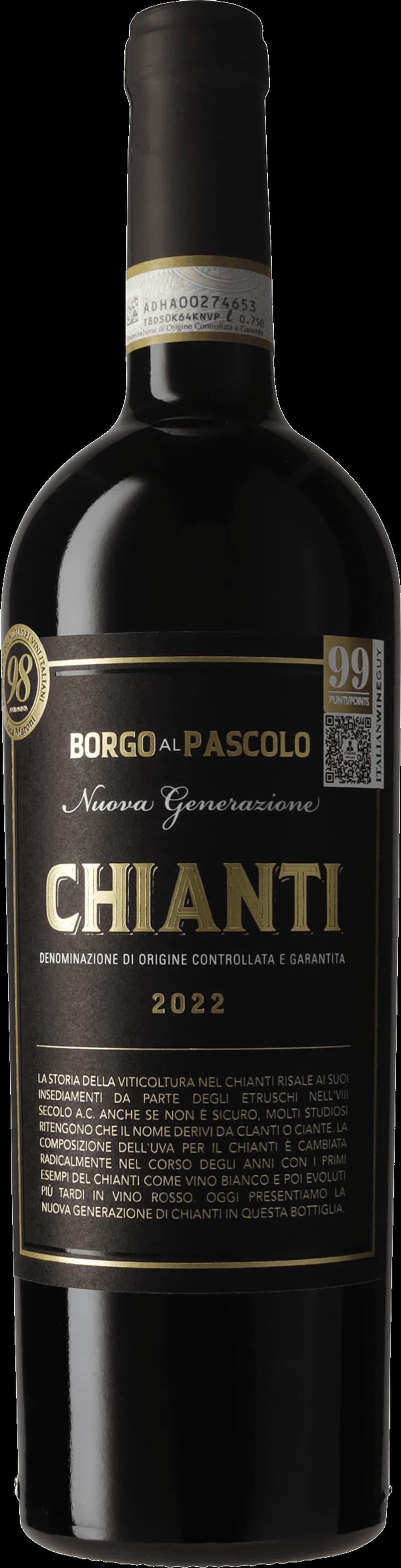 Flaska av Borgo al Pascolo Nuova Generazione Chianti rött vin mot en rustik bakgrund.