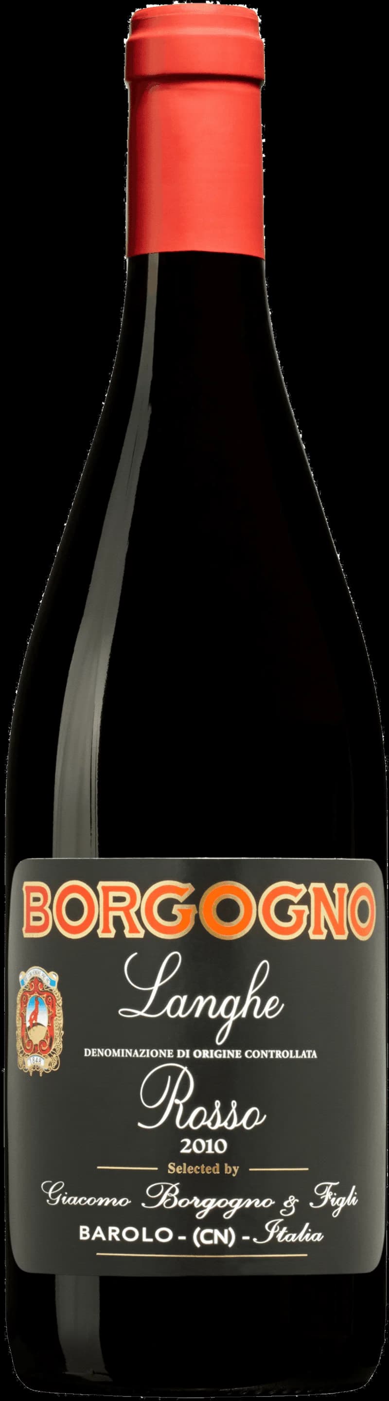 Flaska av Borgogno rött vin mot en mörk bakgrund.
