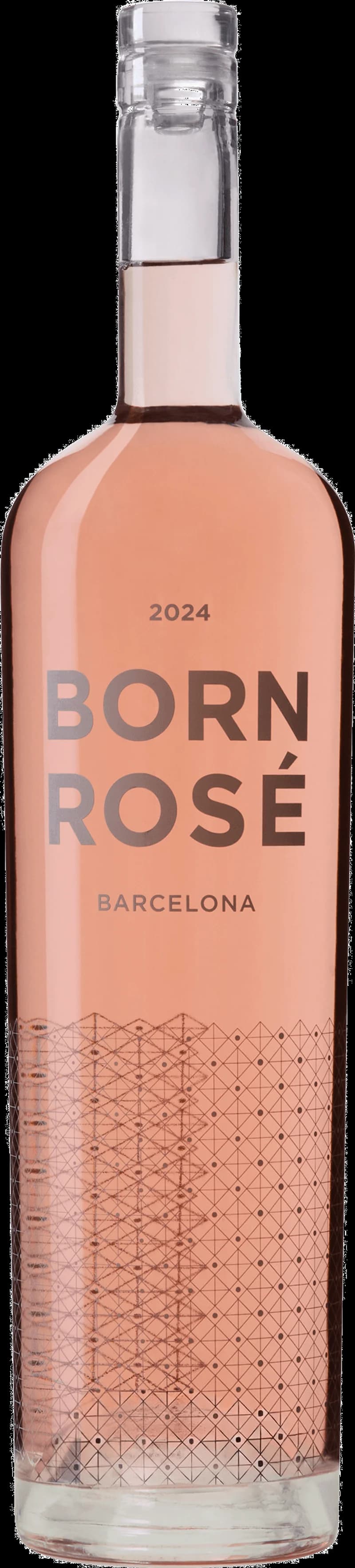 Flaska och glas med Born Rosé Barcelona rosévin mot ljus bakgrund.