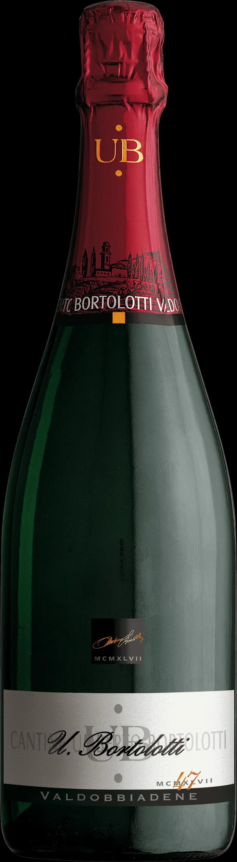 Flaska Bortolotti 47 Valdobbiadene mousserande vin mot ljus bakgrund.