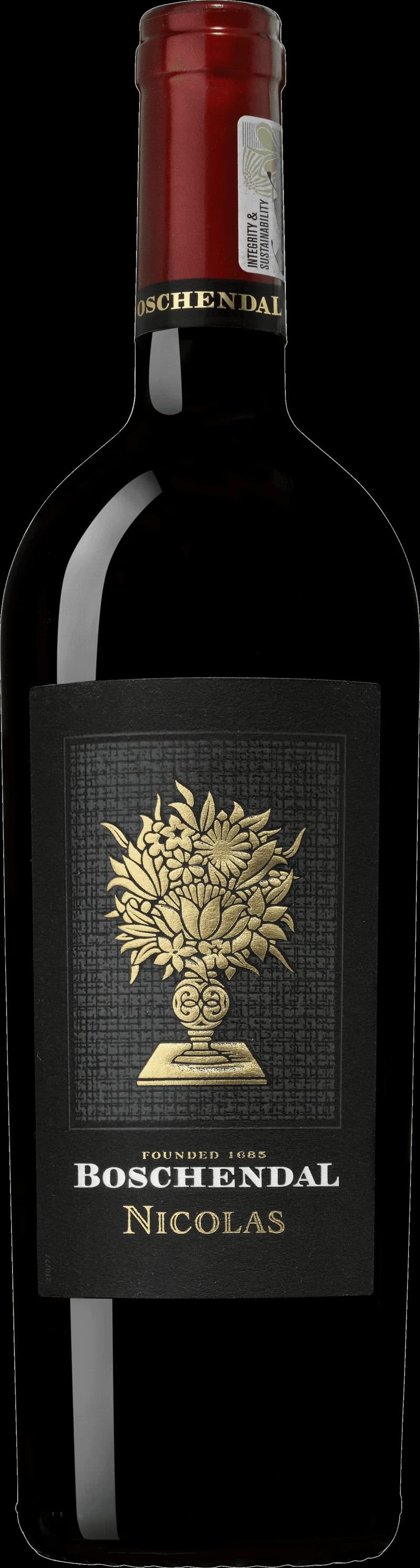 Flaska med Boschendal rött vin mot neutral bakgrund