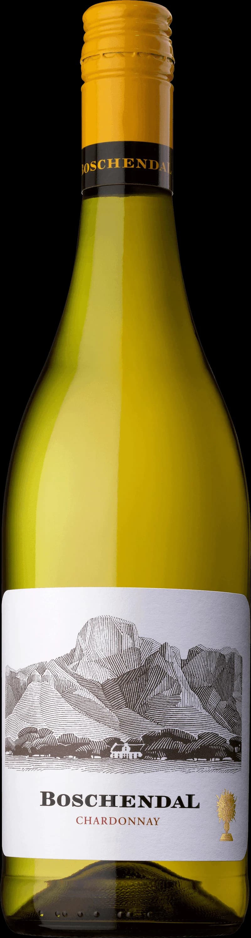 Flaska av Boschendal vitt vin mot en ljus bakgrund.