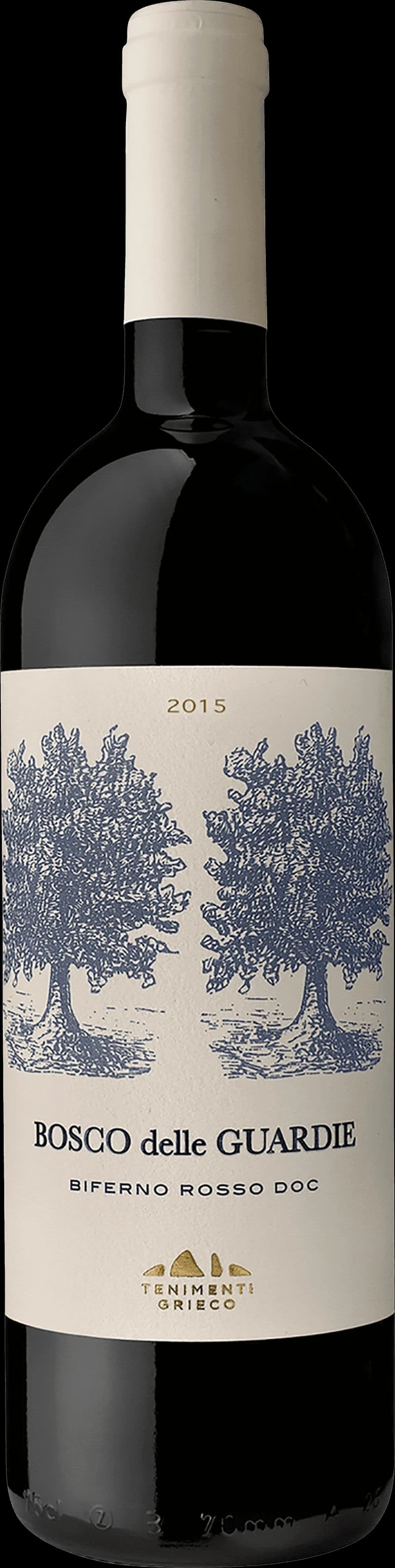 Flaska av rött vin Bosco delle Guardie mot en mörk bakgrund.