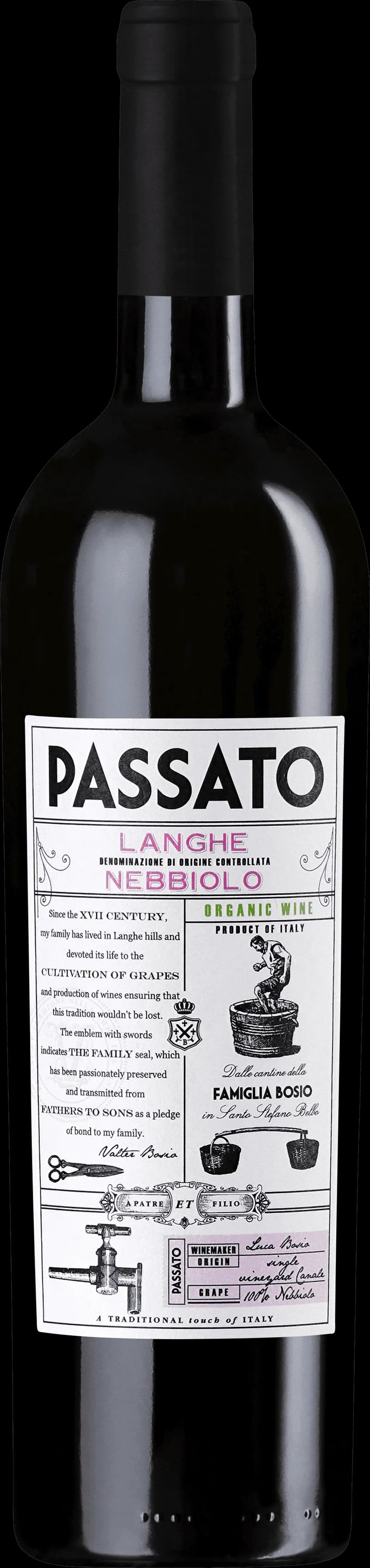 Flaska med Bosio Passato rött vin mot mörk bakgrund