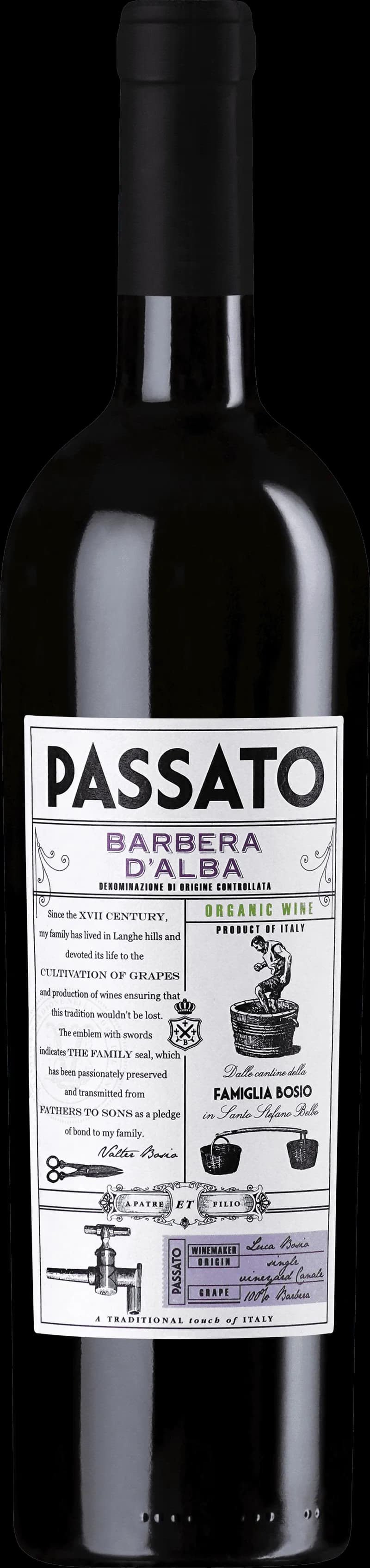 Flaska av rött vin Bosio Passato på en bordsservering.