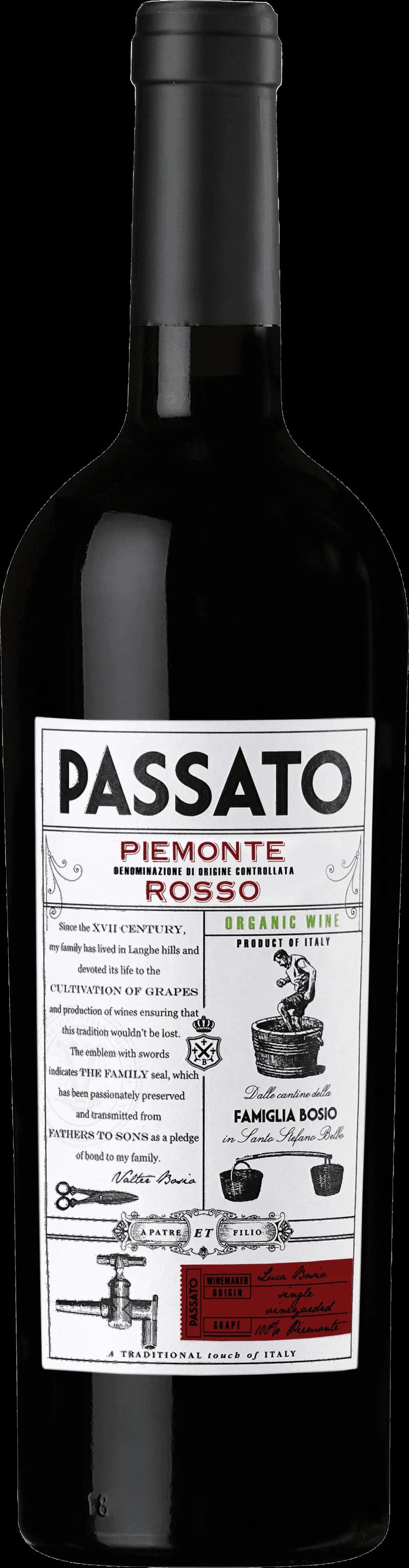 Flaska av Bosio Passato rött vin mot mörk bakgrund