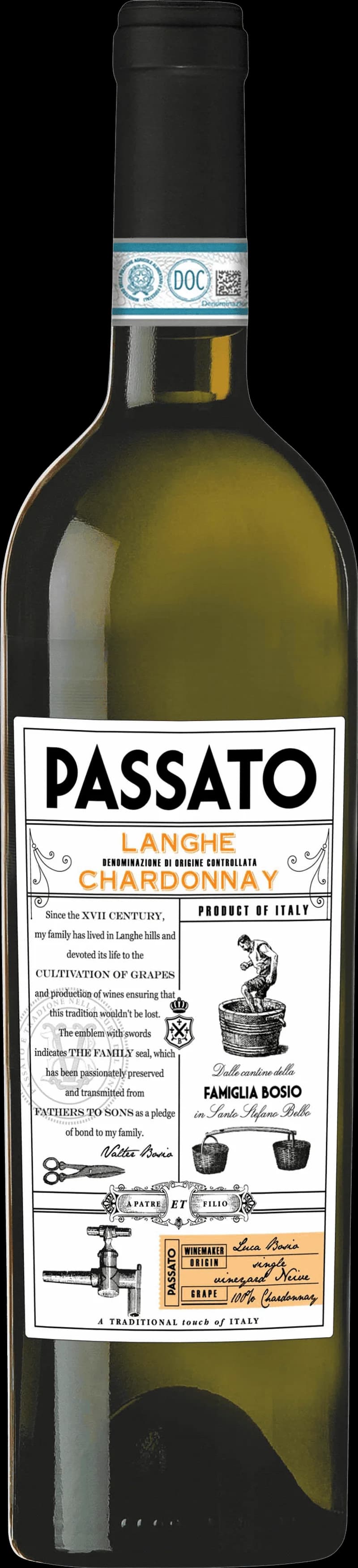 Flaska Bosio Passato Vitt-vin på bordet.