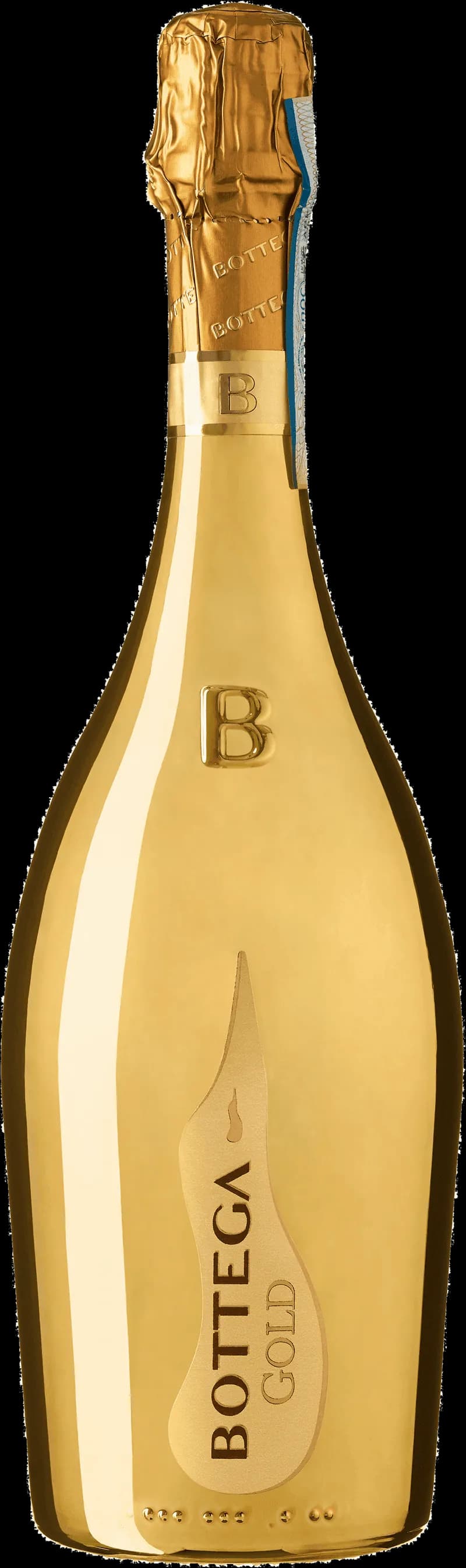 Bottega Gold mousserande vin i en elegant flaska med guldglans.