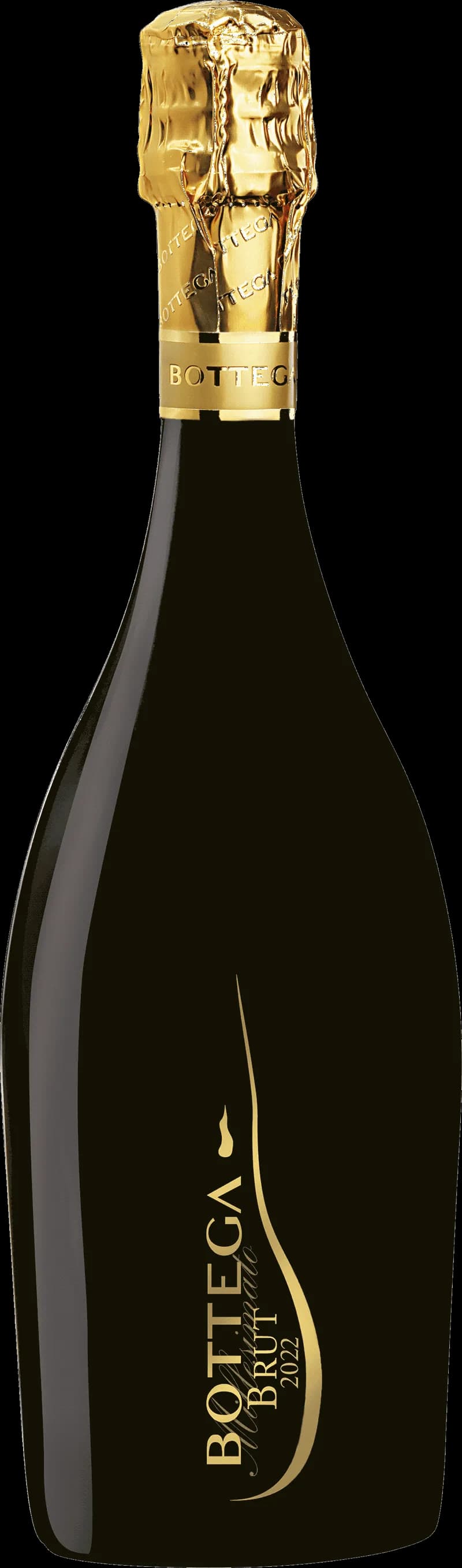 Flaska Bottega Millesimato mousserande vin mot ljus bakgrund.