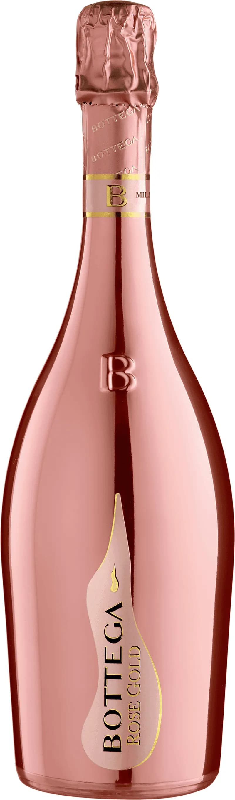 Flaska med Bottega mousserande vin mot ljus bakgrund.
