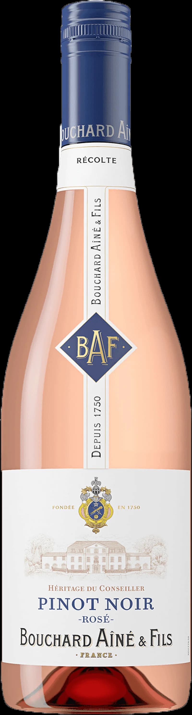Flaska med Bouchard Aîné & Fils rosévin mot ljus bakgrund.