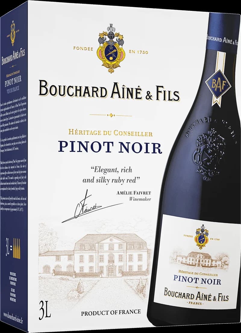 Flaska med rött vin från Bouchard Aîné & Fils mot neutral bakgrund.