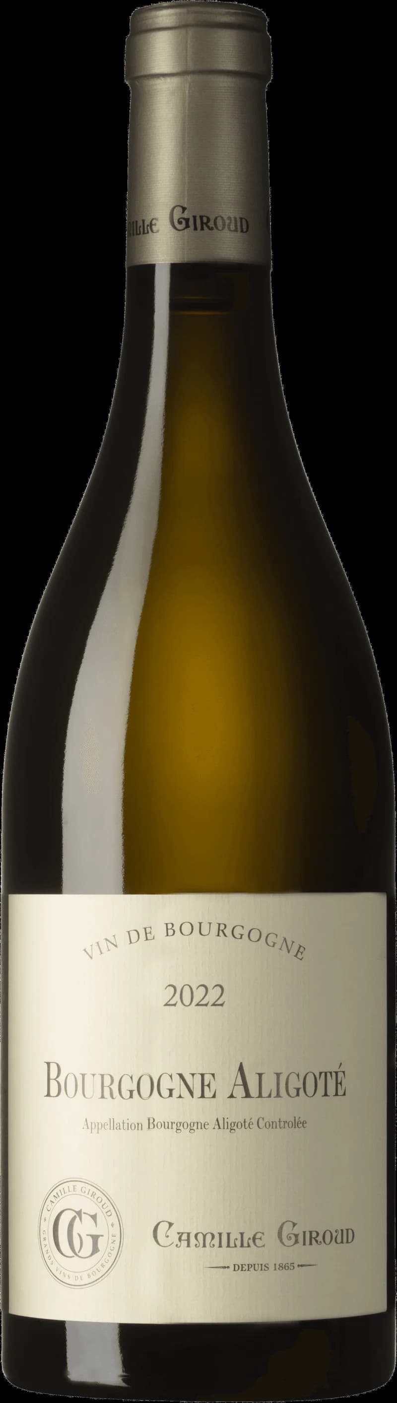 Flaska med Bourgogne Aligoté vitt vin på ett bord
