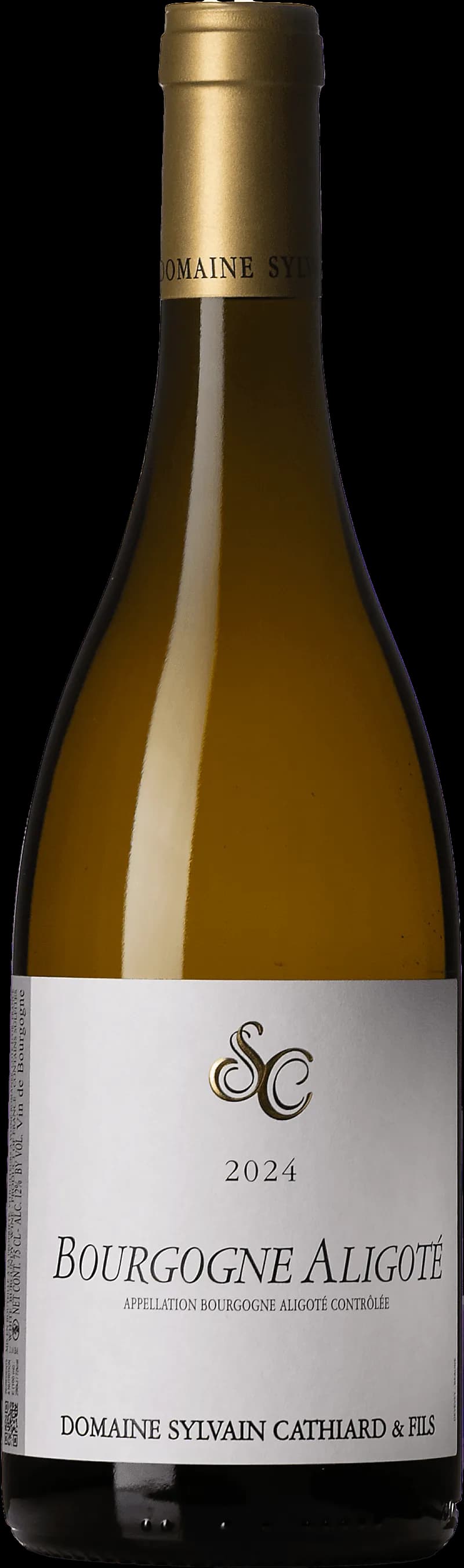 Flaska med Bourgogne Aligoté vitt vin mot ljus bakgrund