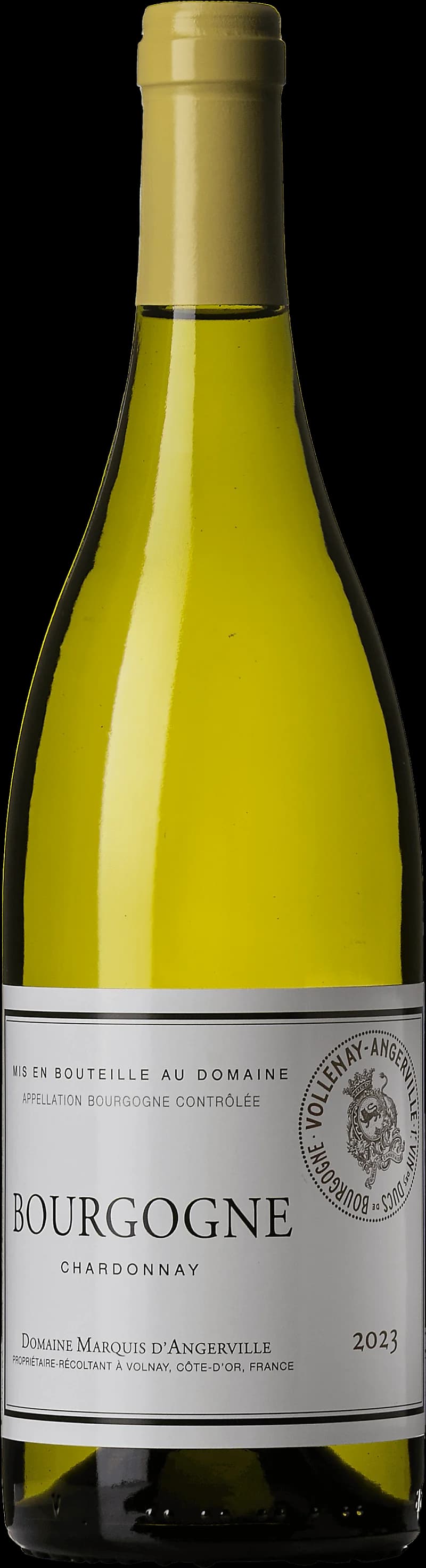 Flaska bourgogne blanc vitt vin mot neutral bakgrund