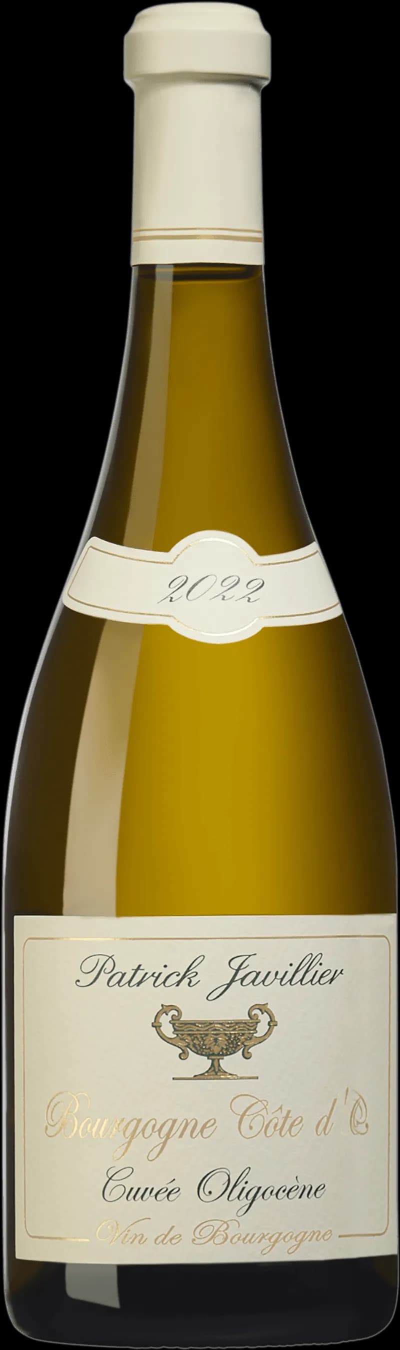 Flaska av Bourgogne Côte d'Or Cuvée Oligocène vitt vin mot ljus bakgrund