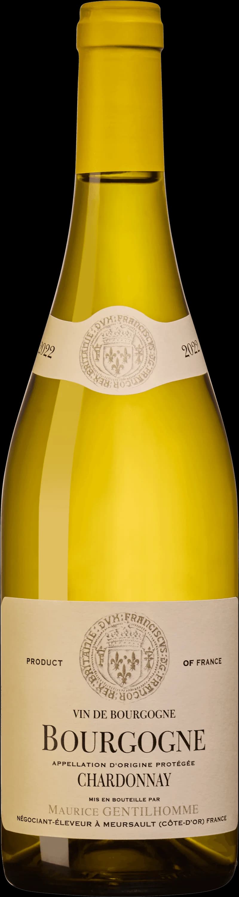 Flaska bourgogne chardonnay vitt vin mot ljus bakgrund