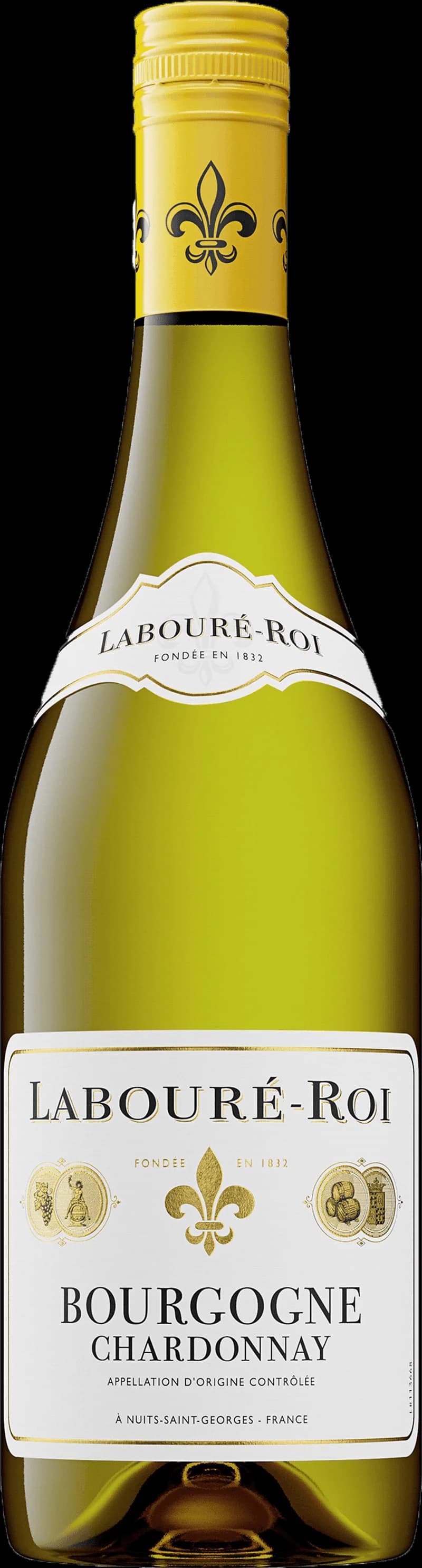 Flaska bourgogne chardonnay vitt vin på bordet