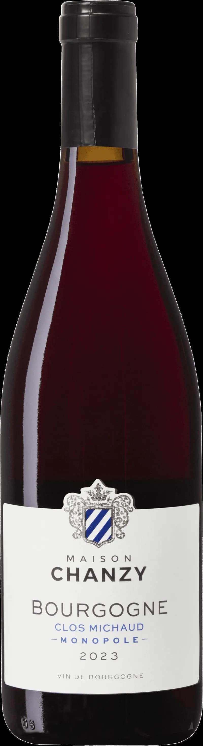 Flaska och glas med rött bourgognevin från Clos de Vougeot
