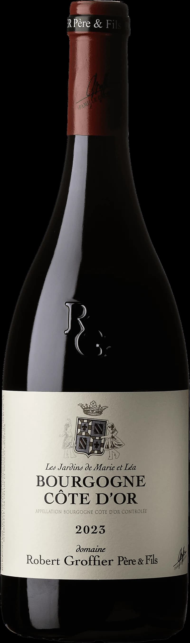 Flaska av Bourgogne Les Jardins de Marie et Léa rött vin mot ljus bakgrund.