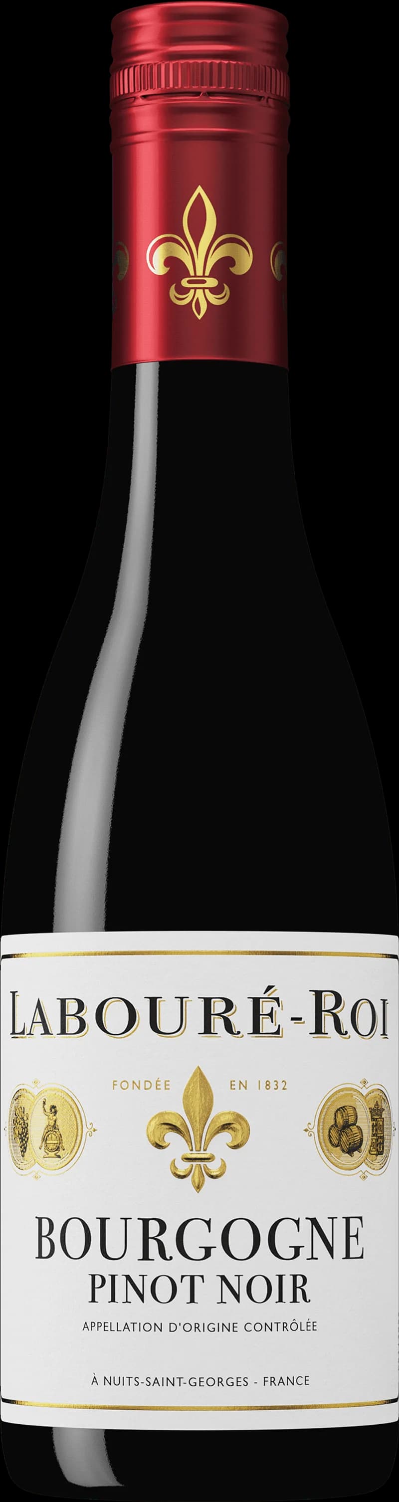 Flaska med Bourgogne Pinot Noir rött vin på ett bord.