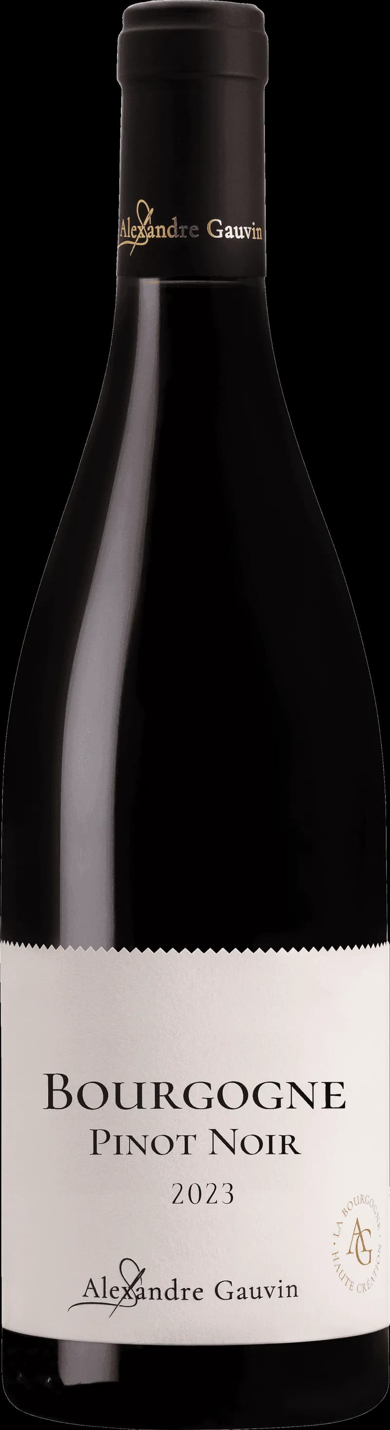 Flaska av Bourgogne Pinot Noir rött vin mot neutral bakgrund.