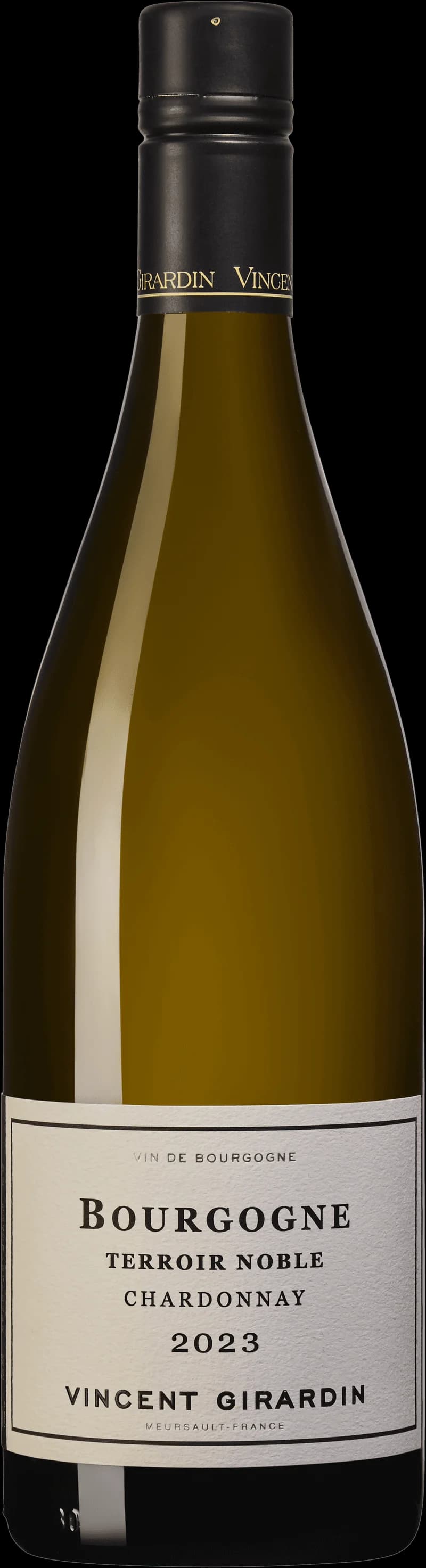 Flaska av Bourgogne Terroir Noble Chardonnay vitt vin mot en neutral bakgrund.