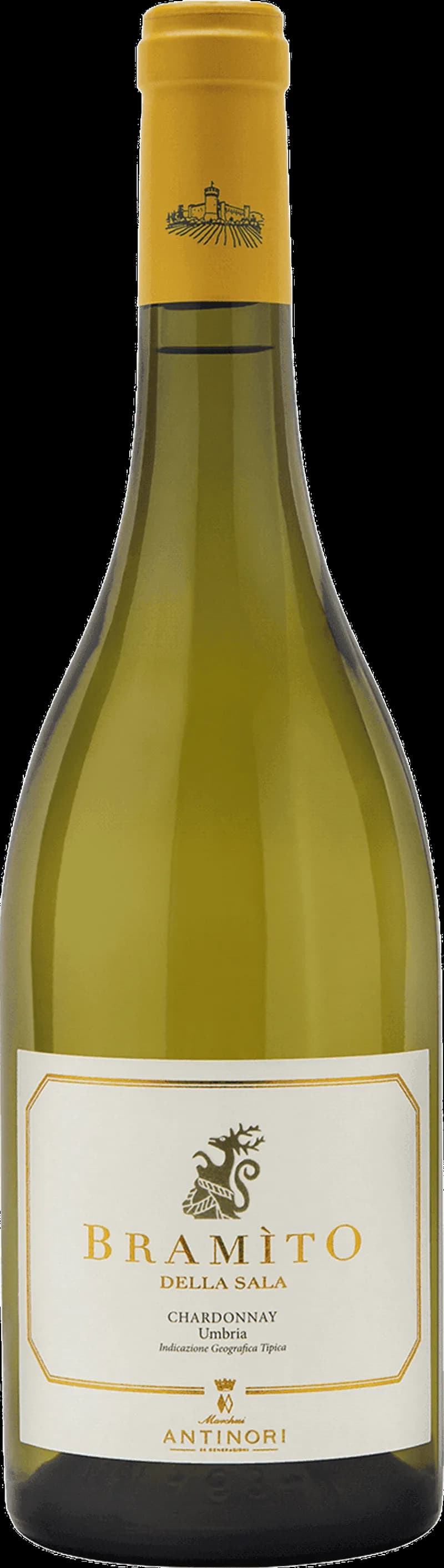 Flaska Bramito della Sala vitt vin mot ljus bakgrund