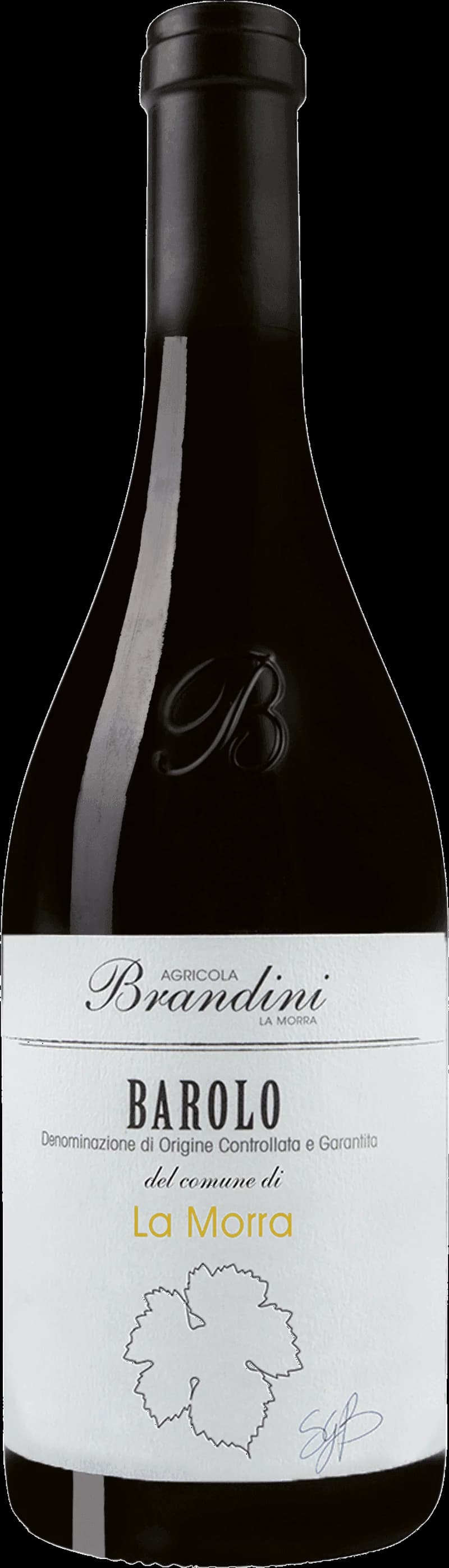 Flaska av rött vin från Brandini La Morra på vit bakgrund.