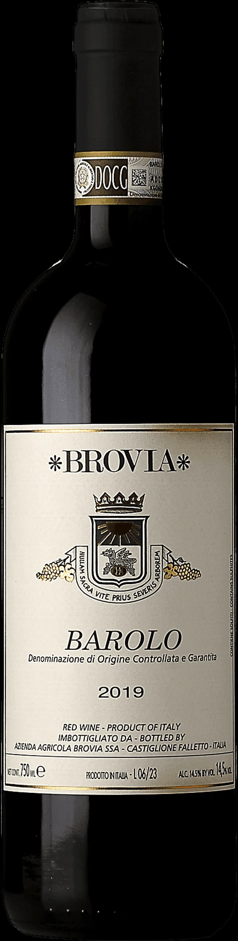Flaska med Brovia rött vin mot en mörk bakgrund