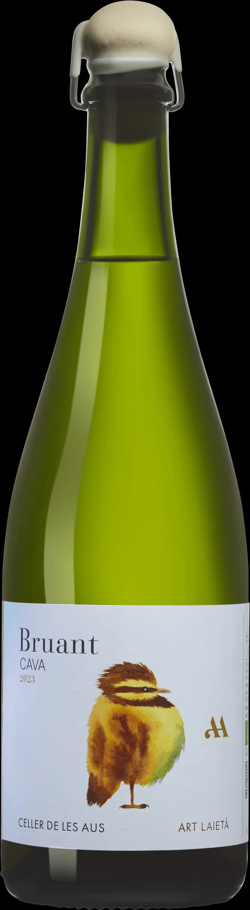 Flaska av Bruant AA Brut Nature mousserande vin mot ljus bakgrund.