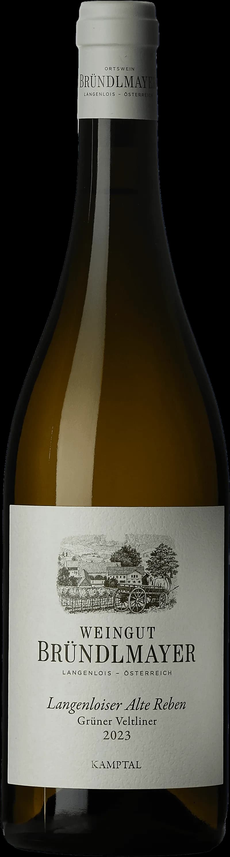 Flaska av vitt vin från Bründlmayer på en ljus bakgrund
