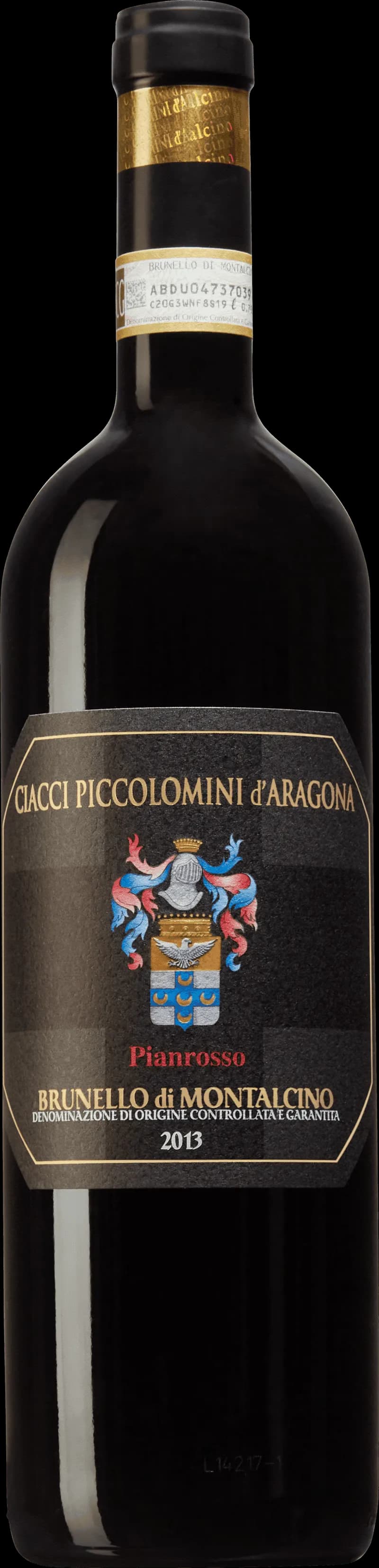 Flaska av Brunello di Montalcino Pianrosso rött vin mot neutral bakgrund.