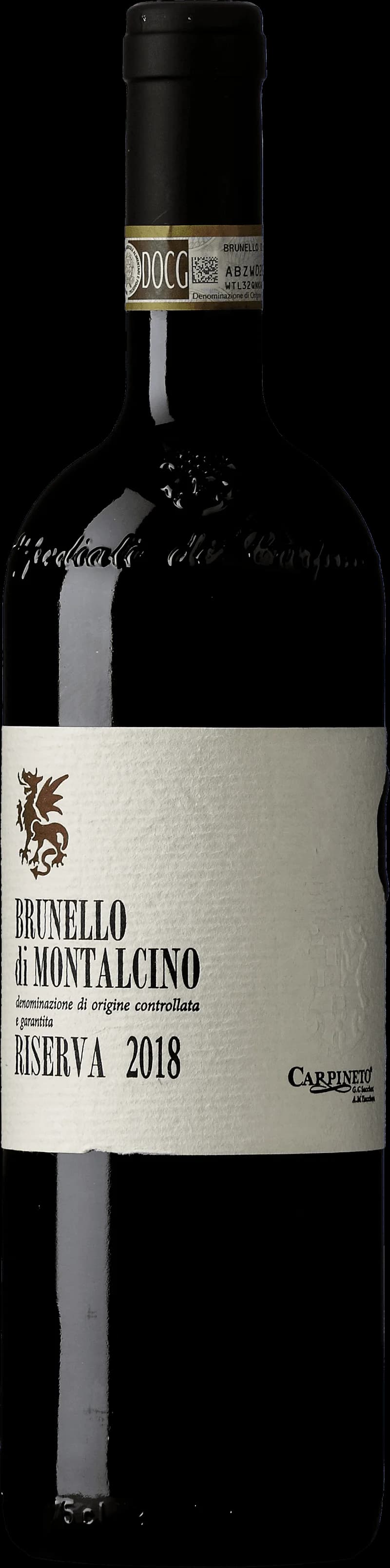 Flaska Brunello di Montalcino Riserva rött vin mot mörk bakgrund