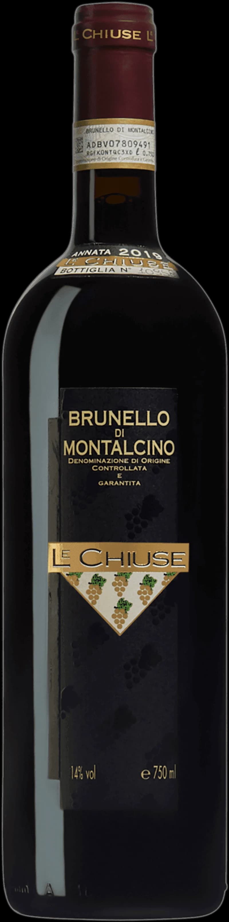 Flaska Brunello di Montalcino rött vin mot neutral bakgrund